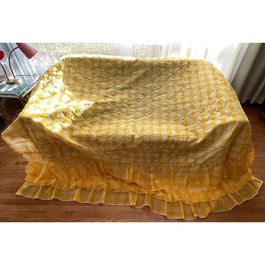 Vintage 70s quilted bedspread, yellow plaid ruffled satin, twin size