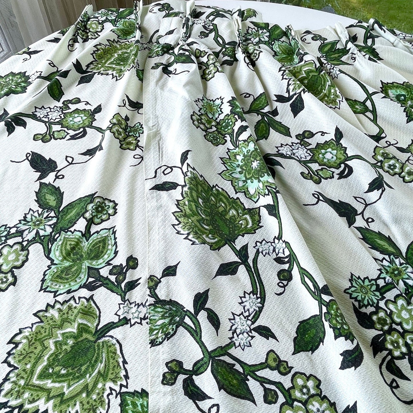 Vintage 60s pleated curtain, green and white bold floral fiberglass panel