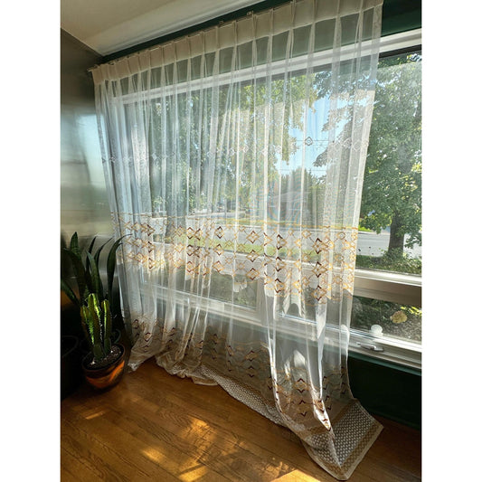 Vintage 70s pleated curtain, white mesh, brown tan embroidered groovy pattern