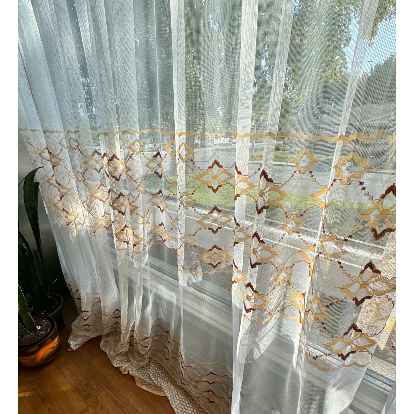 Vintage 70s pleated curtain, white mesh, brown tan embroidered groovy pattern
