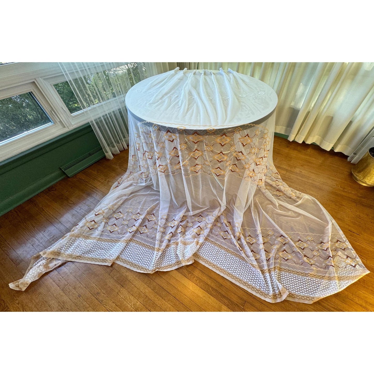 Vintage 70s pleated curtain, white mesh, brown tan embroidered groovy pattern