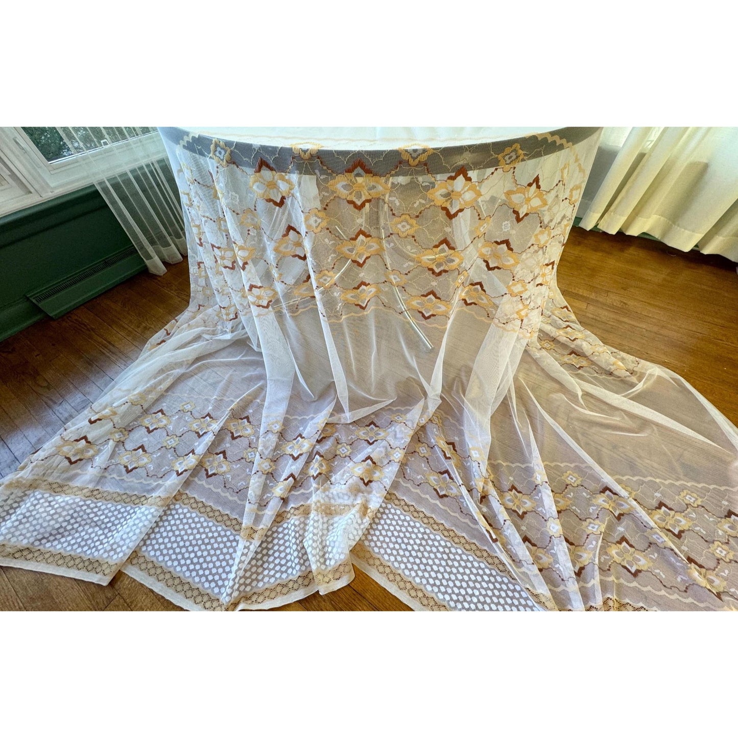 Vintage 70s pleated curtain, white mesh, brown tan embroidered groovy pattern