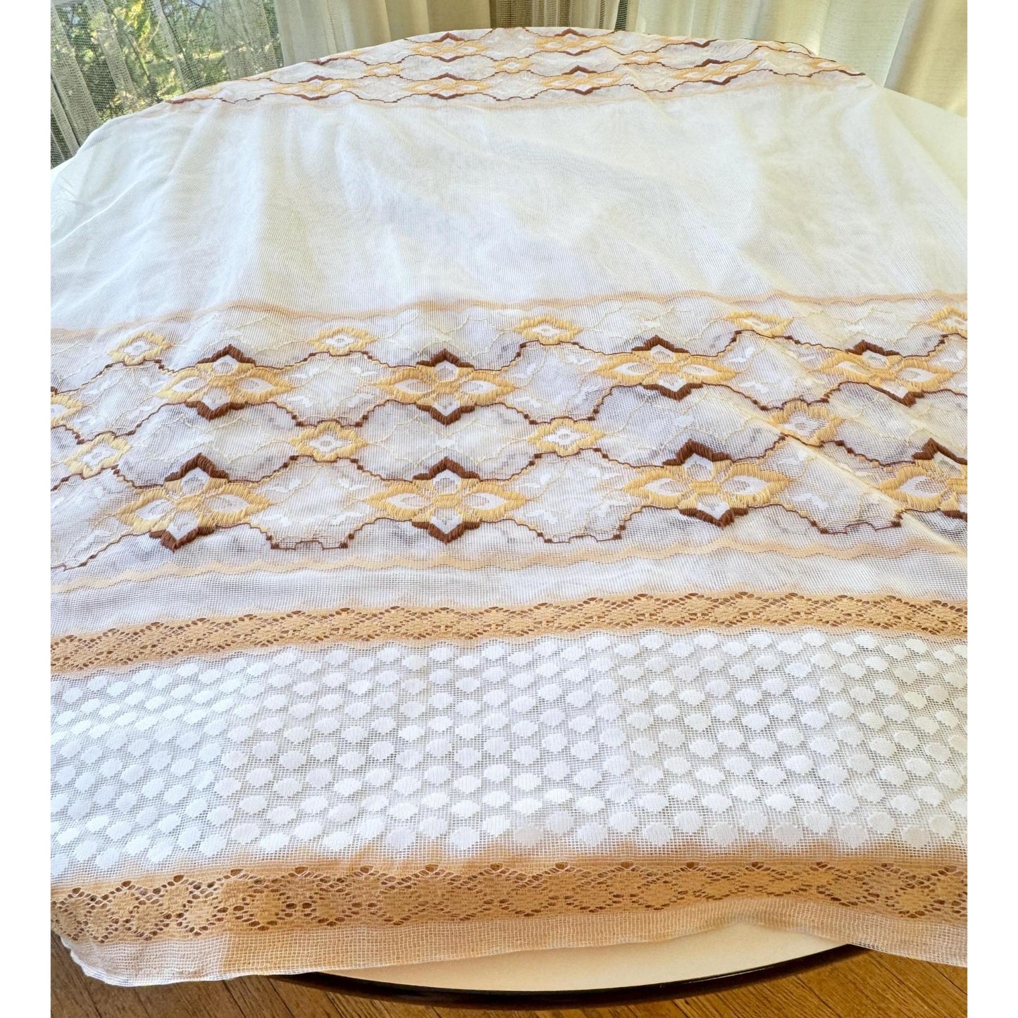 Vintage 70s pleated curtain, white mesh, brown tan embroidered groovy pattern