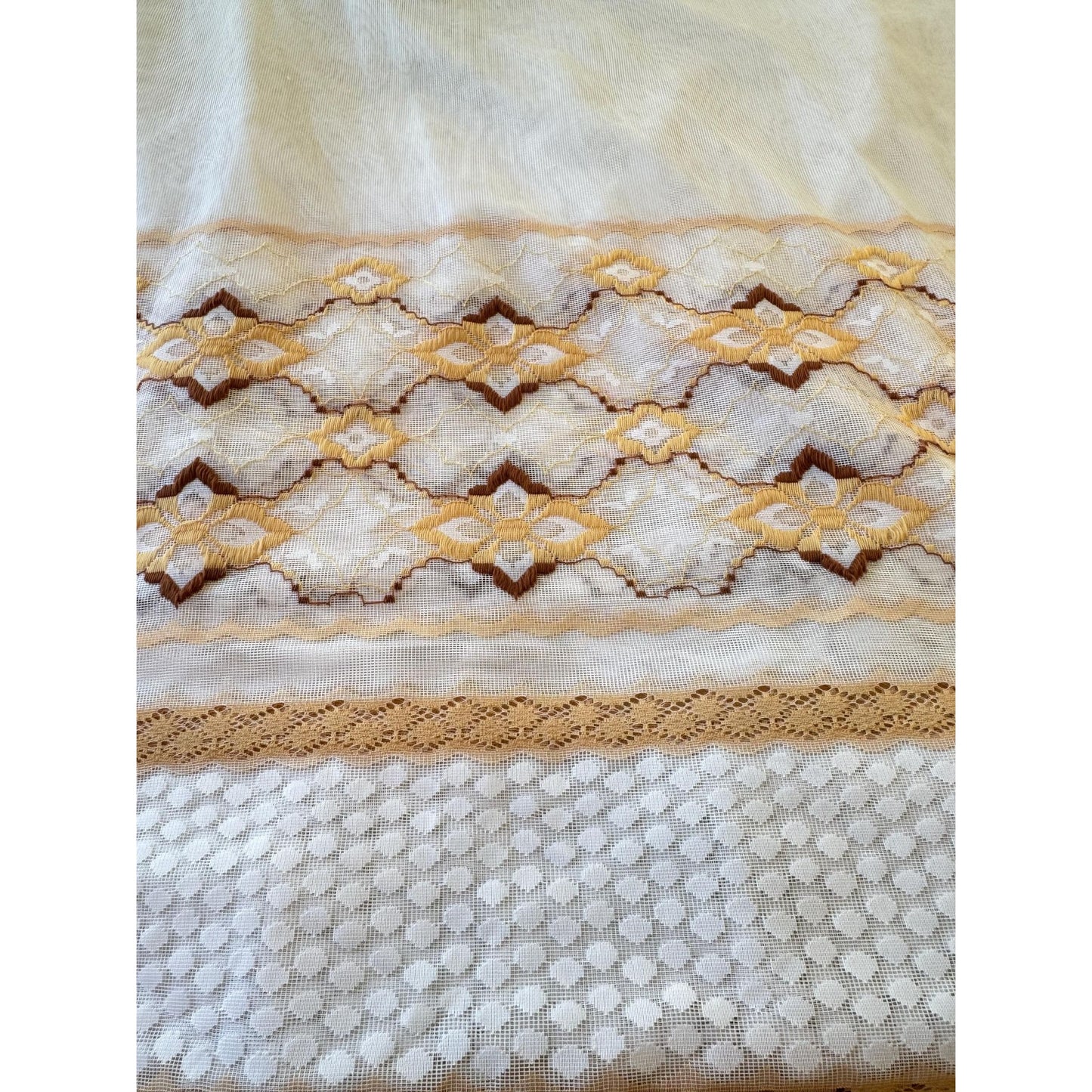 Vintage 70s pleated curtain, white mesh, brown tan embroidered groovy pattern