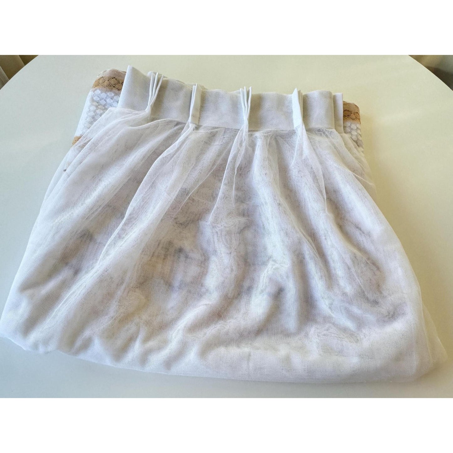 Vintage 70s pleated curtain, white mesh, brown tan embroidered groovy pattern