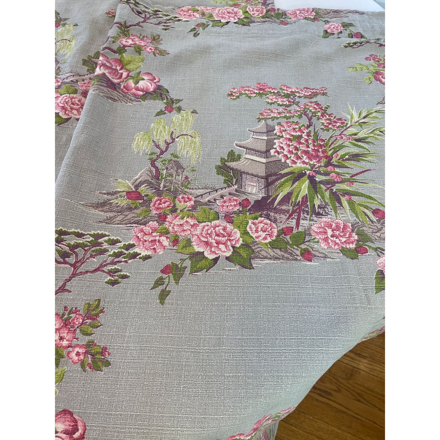 Vintage MCM barkcloth curtain, Asian inspired pink blossom trees