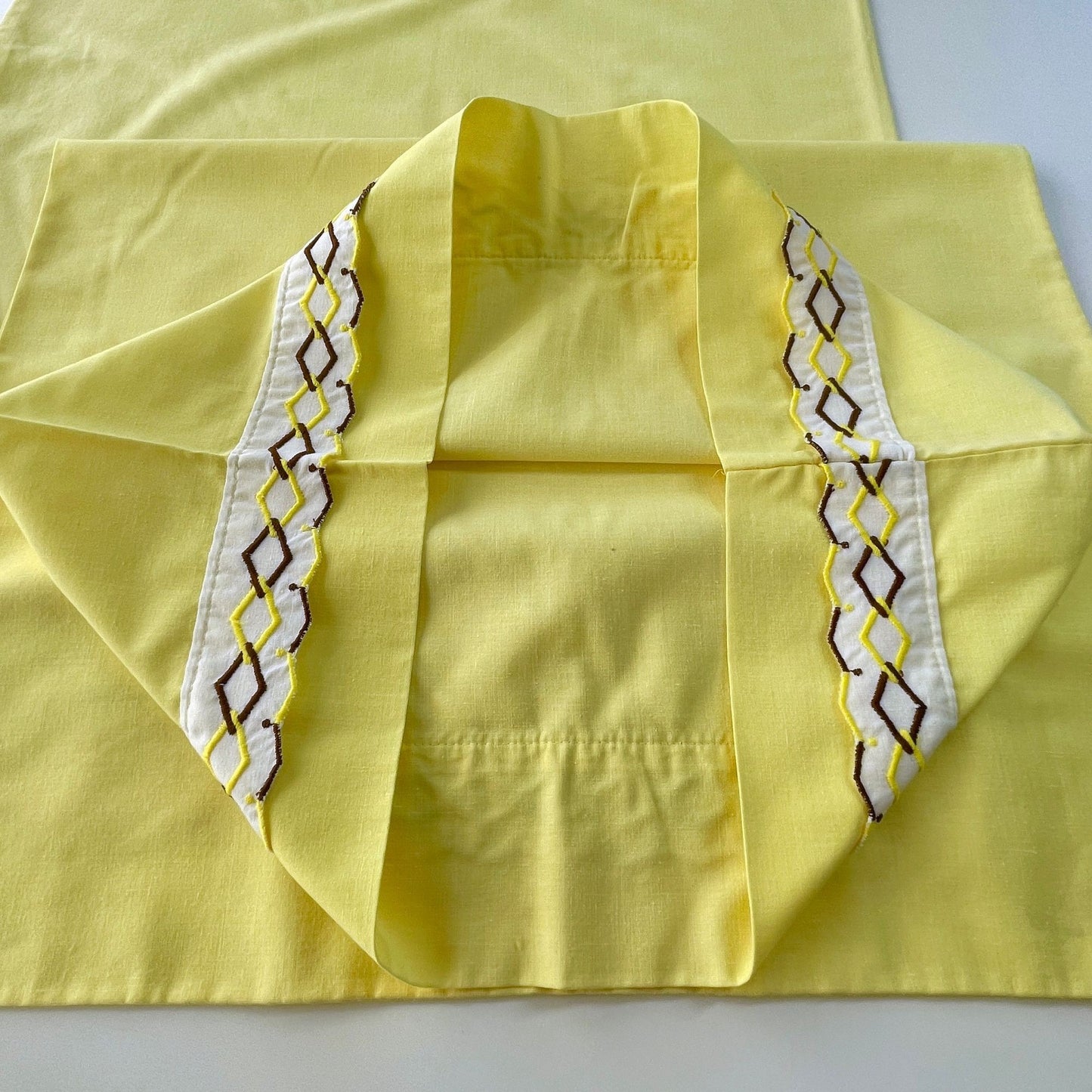 Vintage 70s pillowcases set, solid yellow with embroidered trim, TruPrest