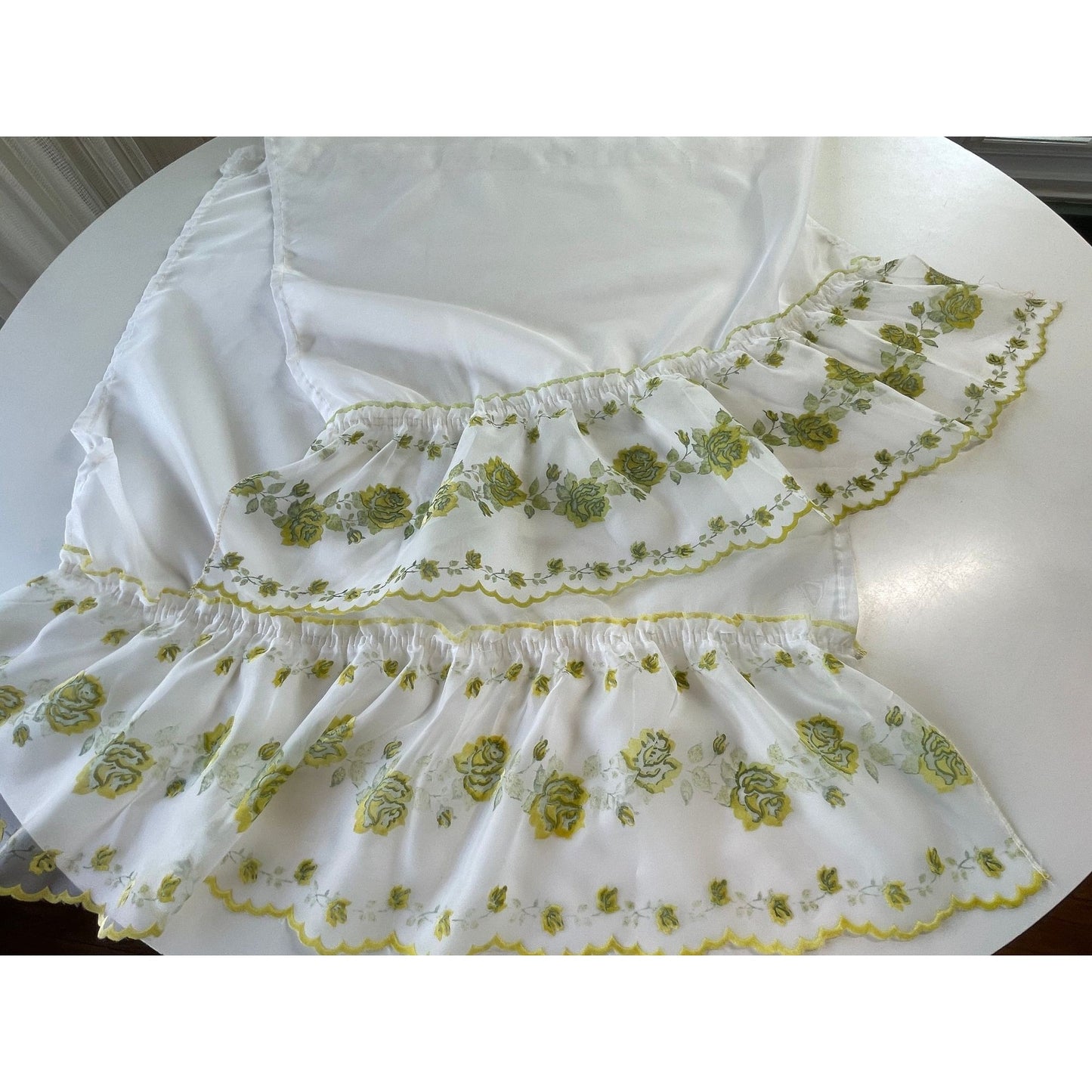 Vintage 50s cafe curtains, flocked floral ruffled panels