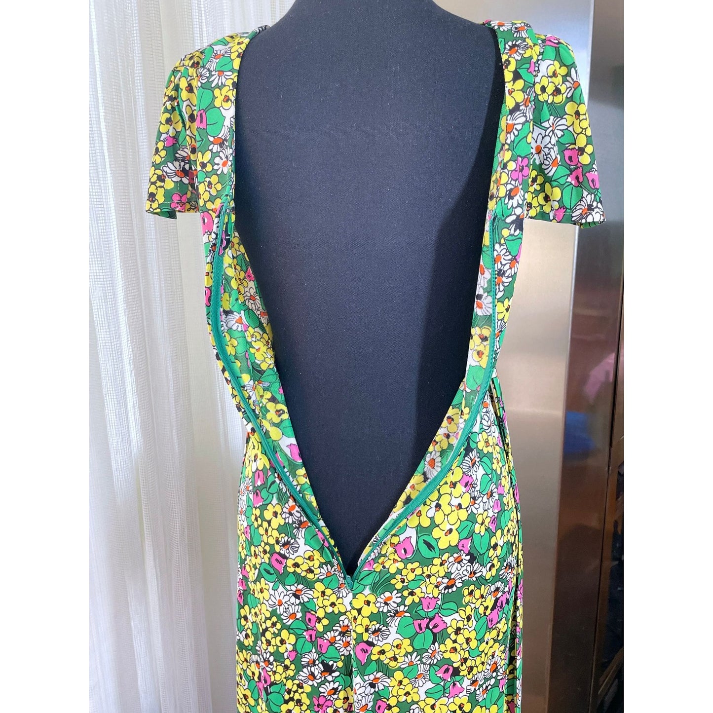 Vintage 1960s maxi dress, green, yellow and pink floral