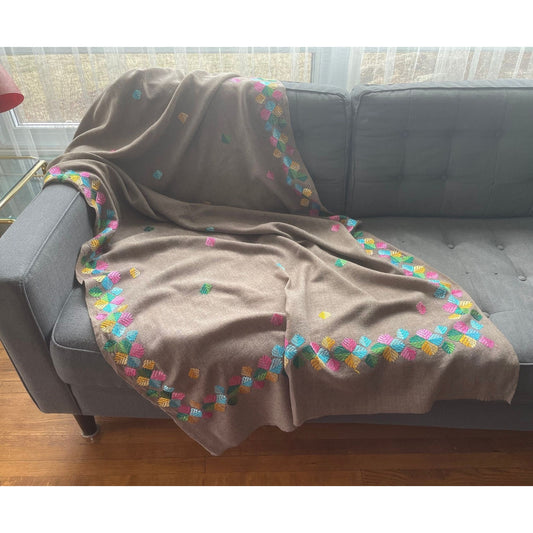 Vintage throw, ecru with pastel embroidery