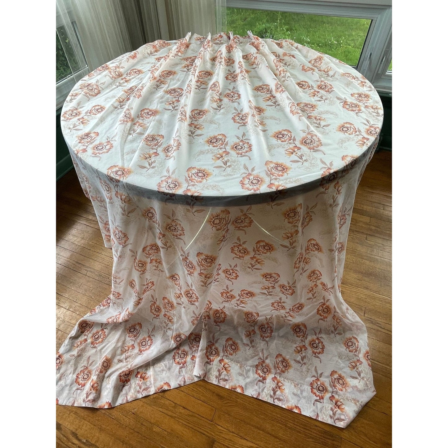 Vintage 60s sheer orange floral pleated curtain