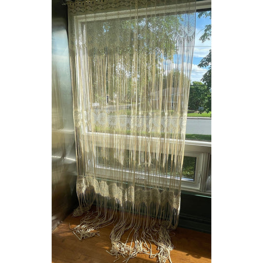 Vintage 90s curtain, fringed ecru panel