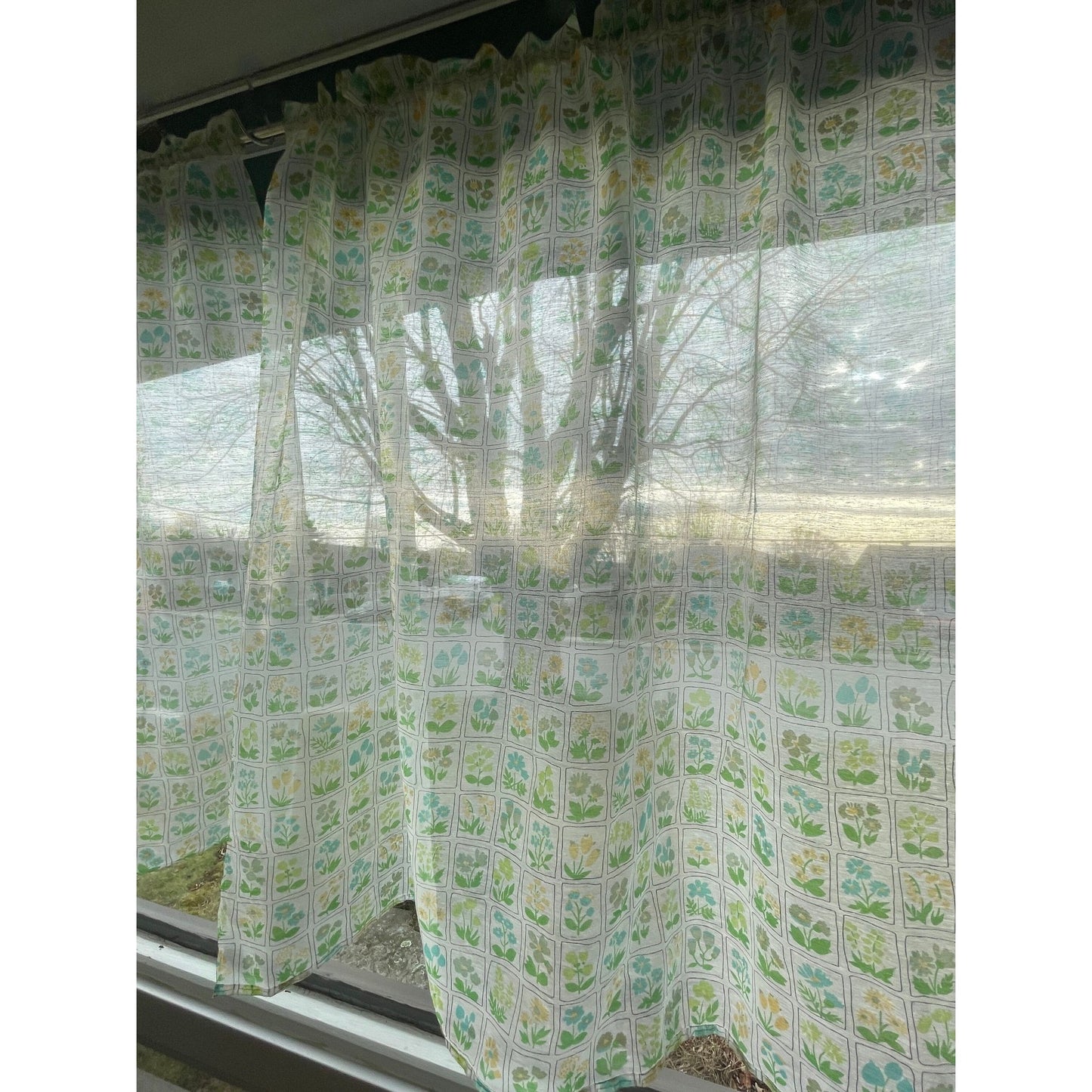 Vintage 80s curtains, sheer green yellow floral, pair with tiebacks