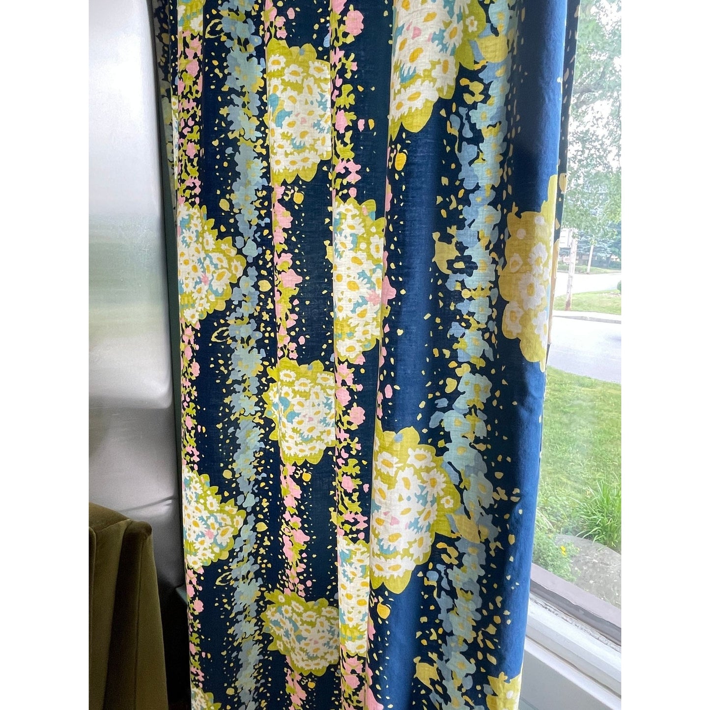Vintage 80s pleated curtain, blue, green floral panel