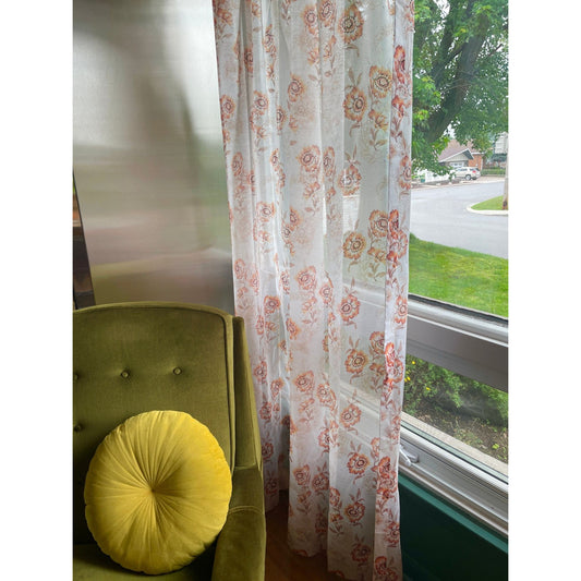 Vintage 60s sheer orange floral pleated curtain