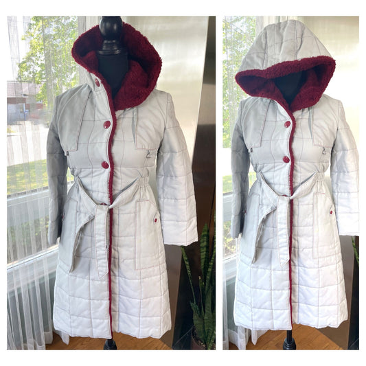 Vintage 70s parka, grey and burgundy hooded winter coat, Charell
