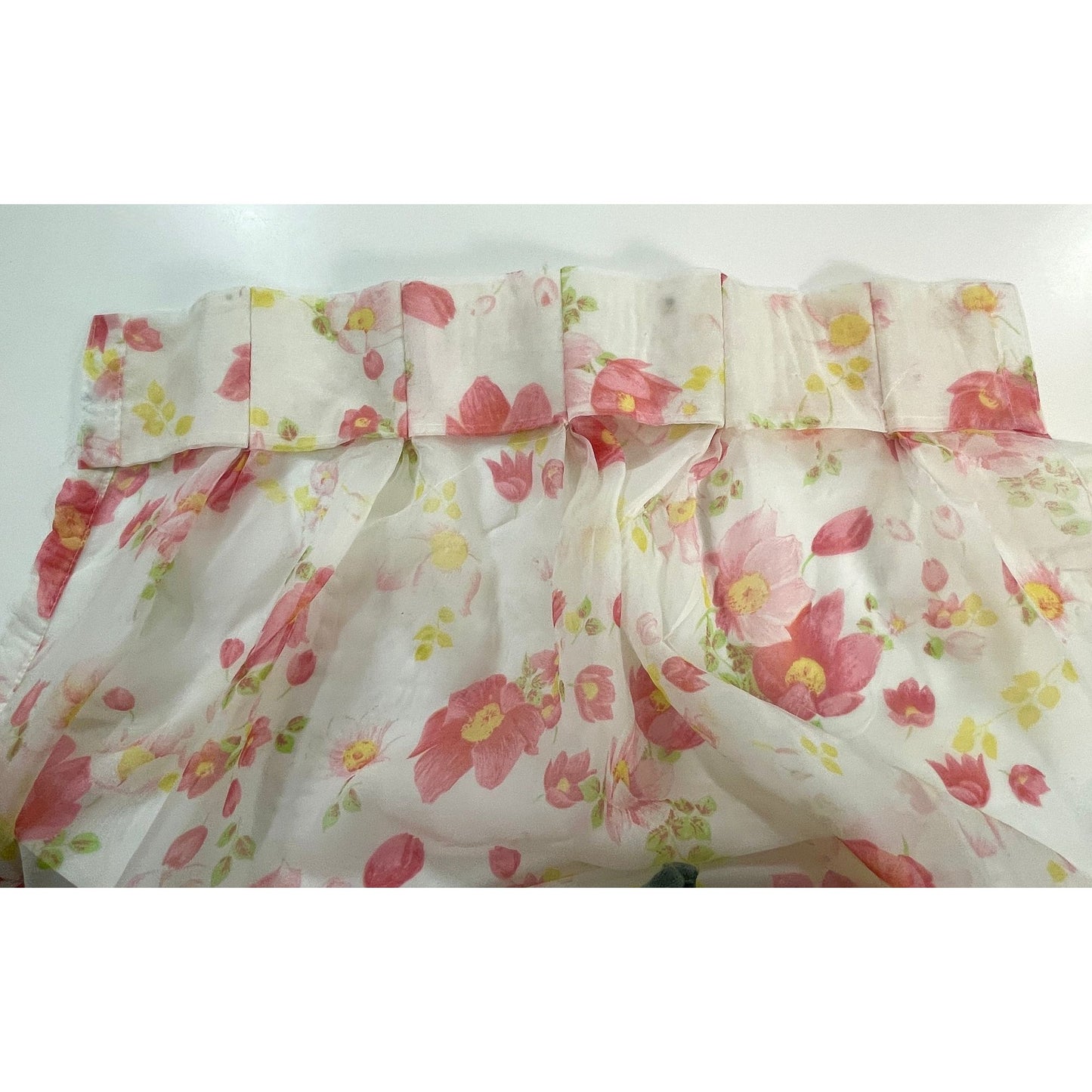 Vintage 70s pleated curtain, pink floral, sheer panel
