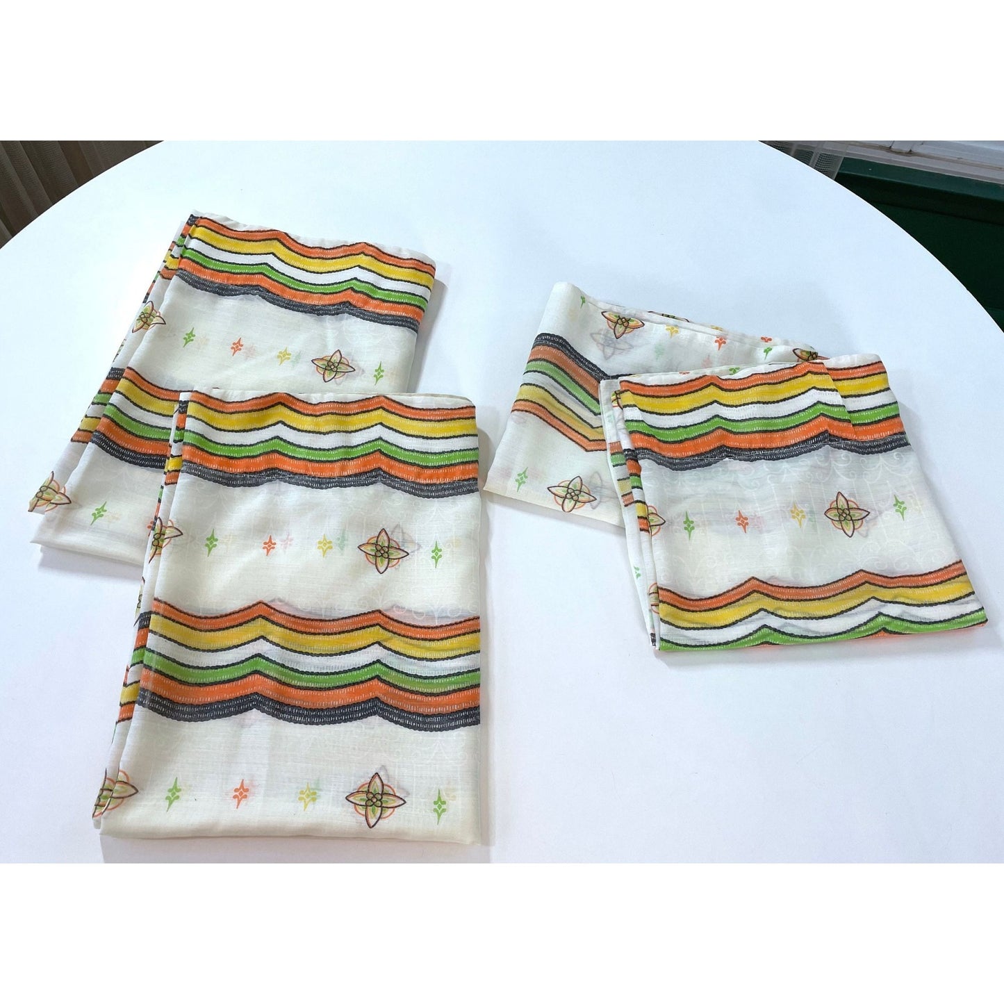 Vintage 60s geometric pattern curtains, orange green and brown
