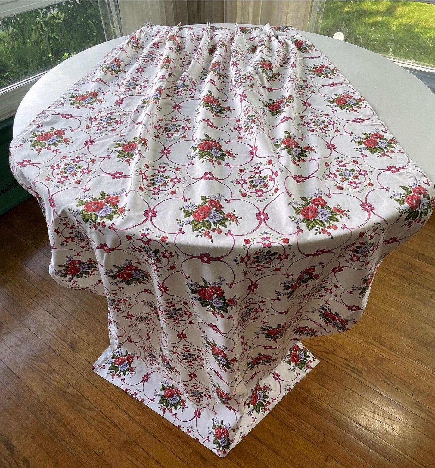 Vintage 60s pleated curtains, white pink floral, black out
