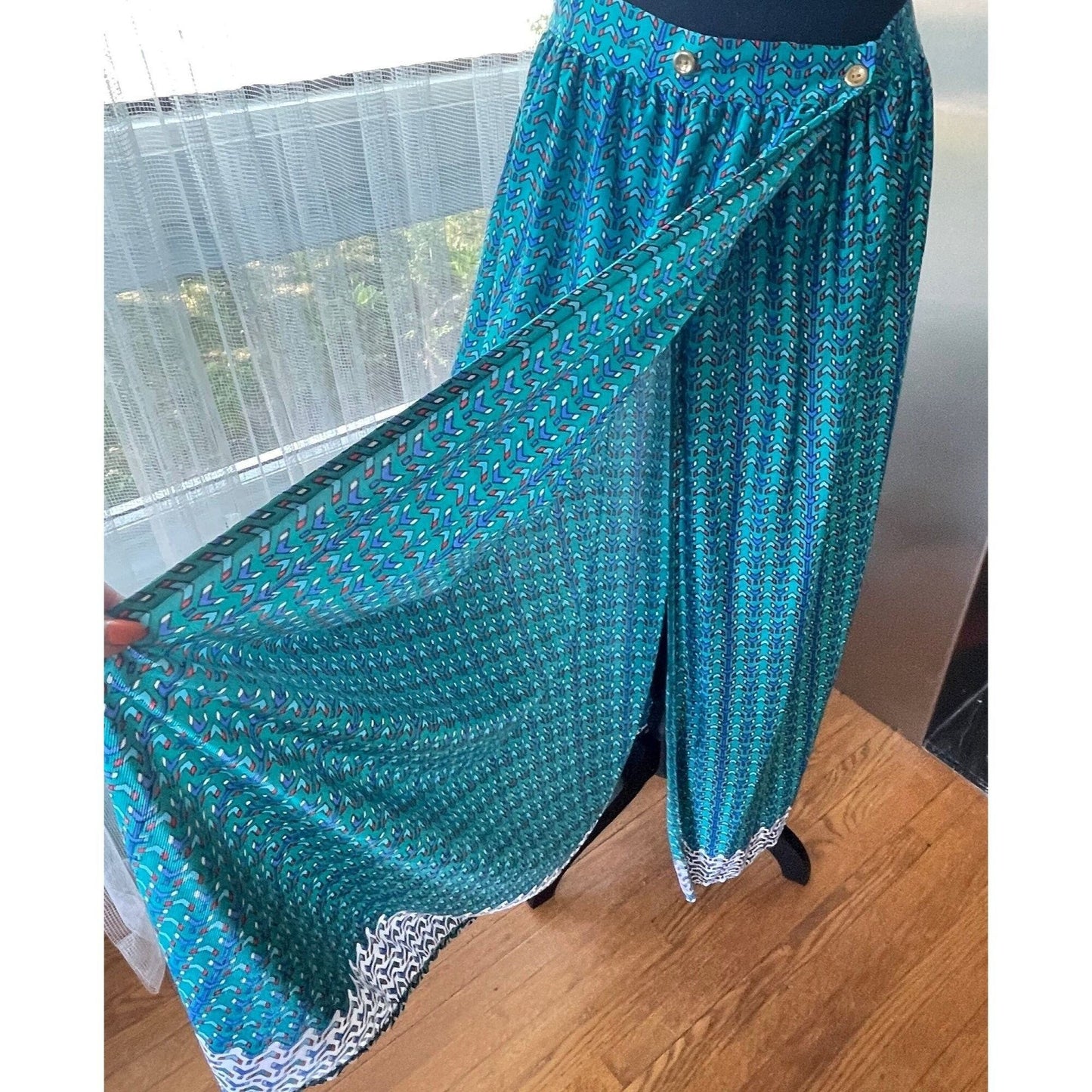 Vintage 80s wrap skirt, teal and blue, ankle length, Oleg Cassini