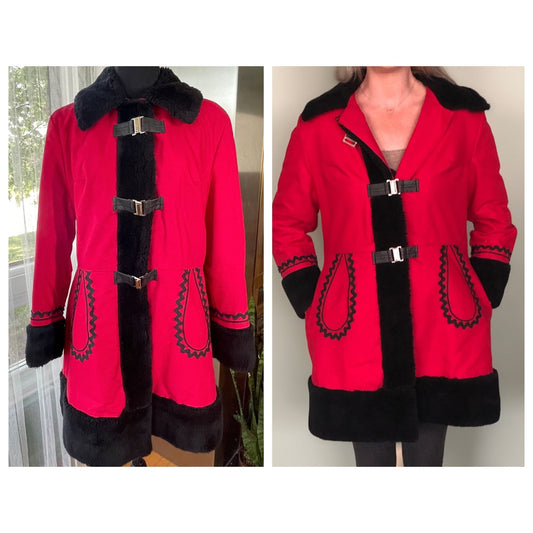 Vintage 80s ladies coat, red and black faux fur collar and cuffs, Niccolini