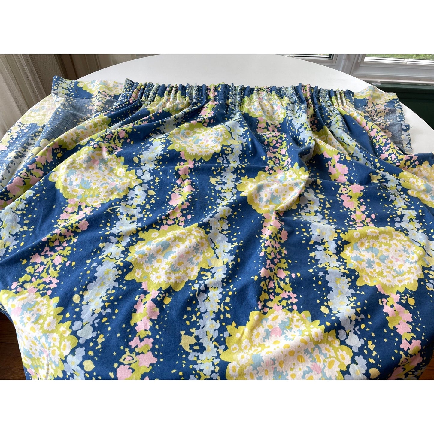 Vintage 80s pleated curtain, blue, green floral panel