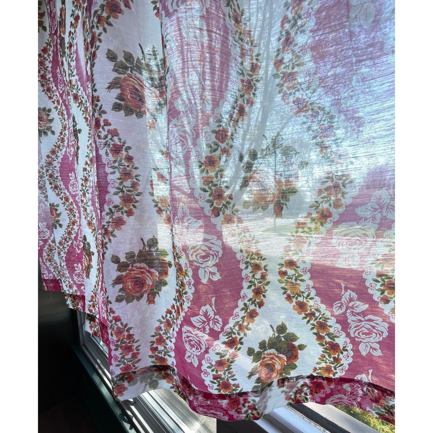 Vintage 70s curtains, pink floral sheer pair of panels