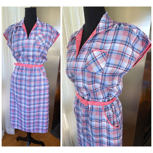Vintage 70s dress, red blue plaid pattern, short sleeves, assorted belt