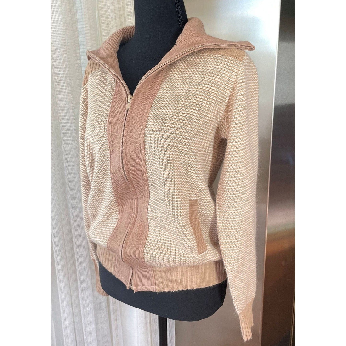Vintage 80s knitted zipped jacket, unisex cardigan, Sears
