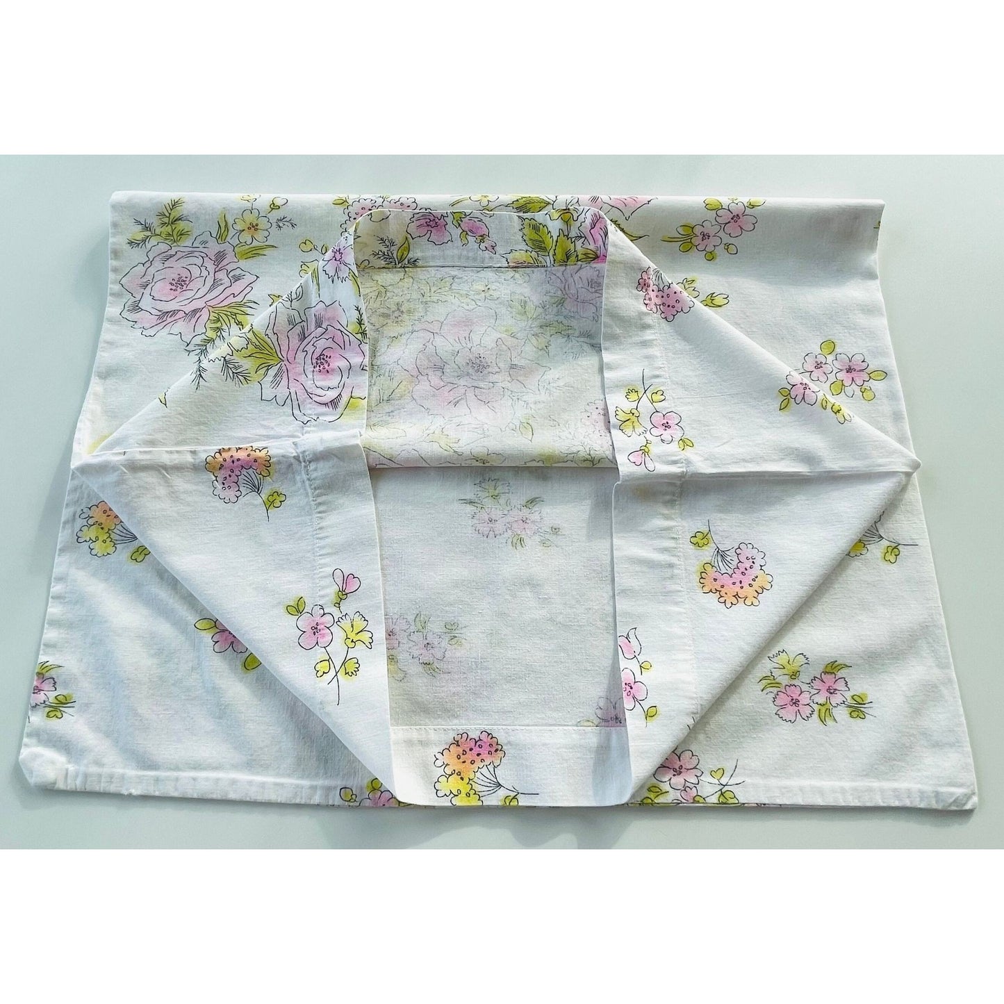 Vintage 70s pillowcase, pink and yellow flowers