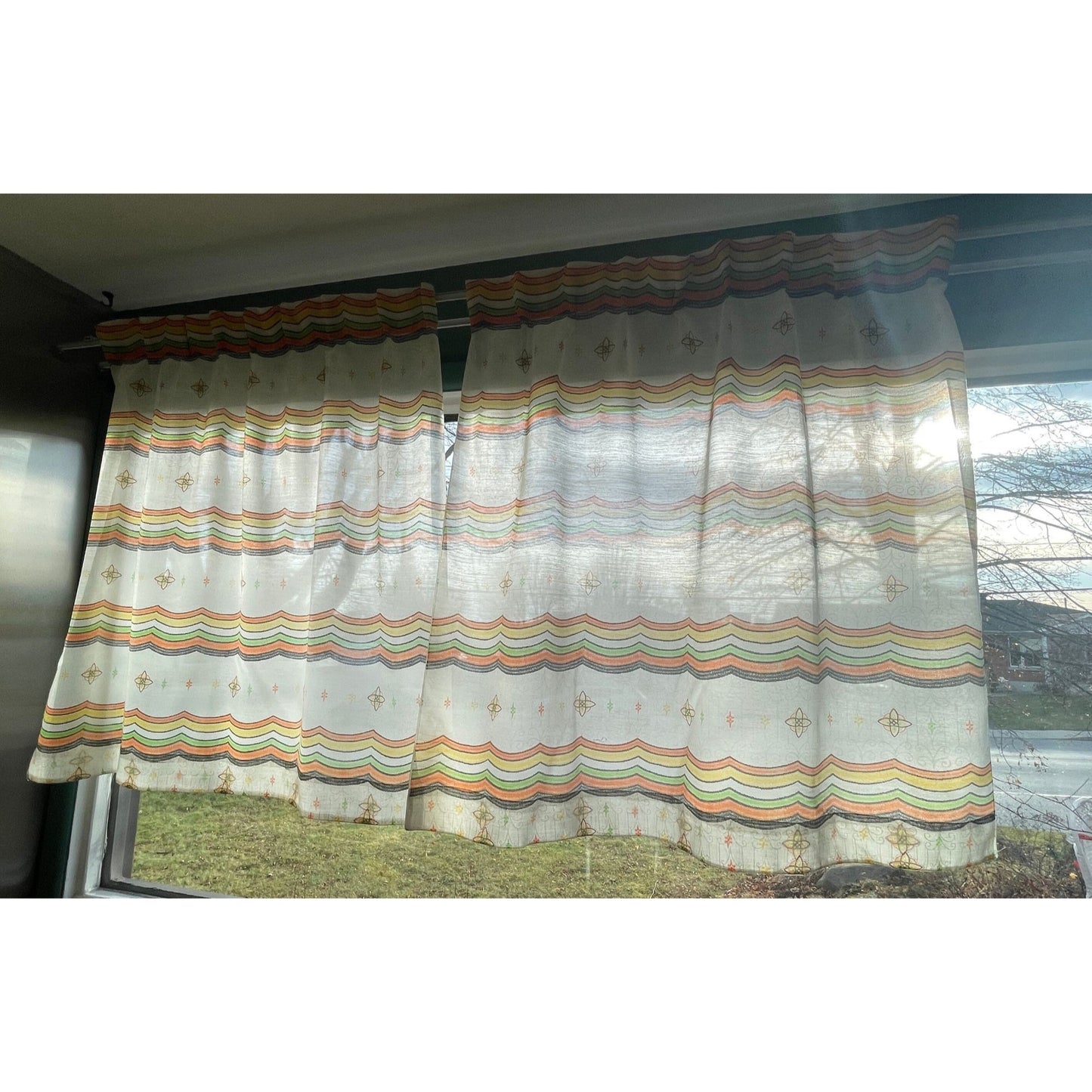 Vintage 60s geometric pattern curtains, orange green and brown
