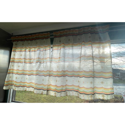 Vintage 60s geometric pattern curtains, orange green and brown