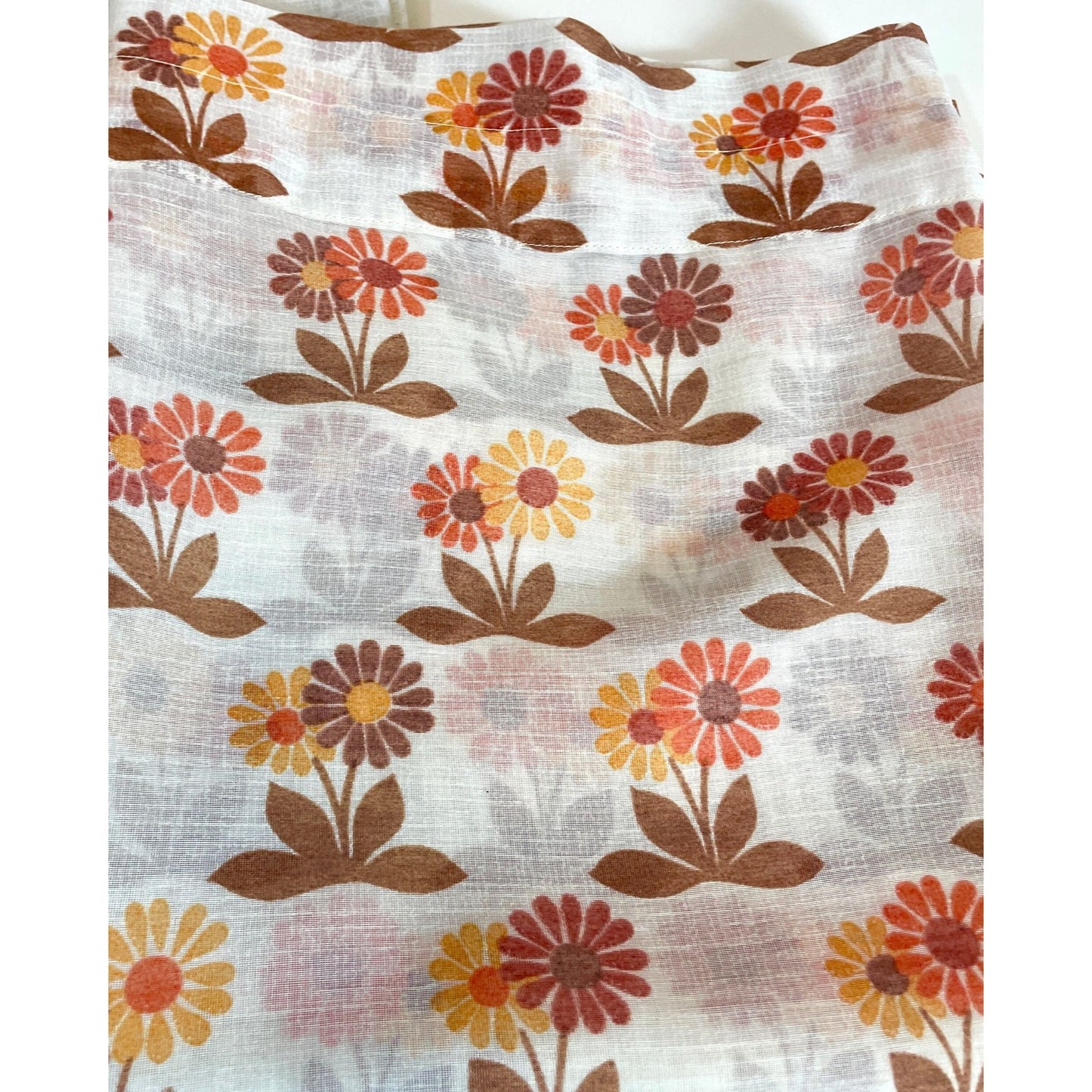 Vintage 70s curtain, brown orange floral, sheer panel