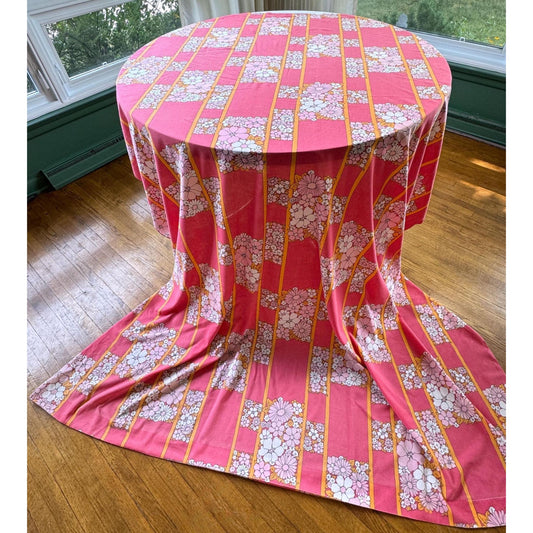 Vintage 70s flat /top sheet, pink orange flowers, full / double size, Wabasso