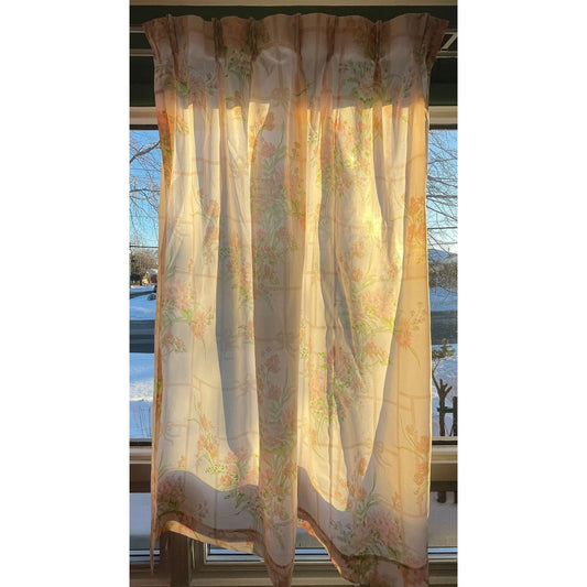 Vintage 80s pleated curtain, pink floral sheer panel
