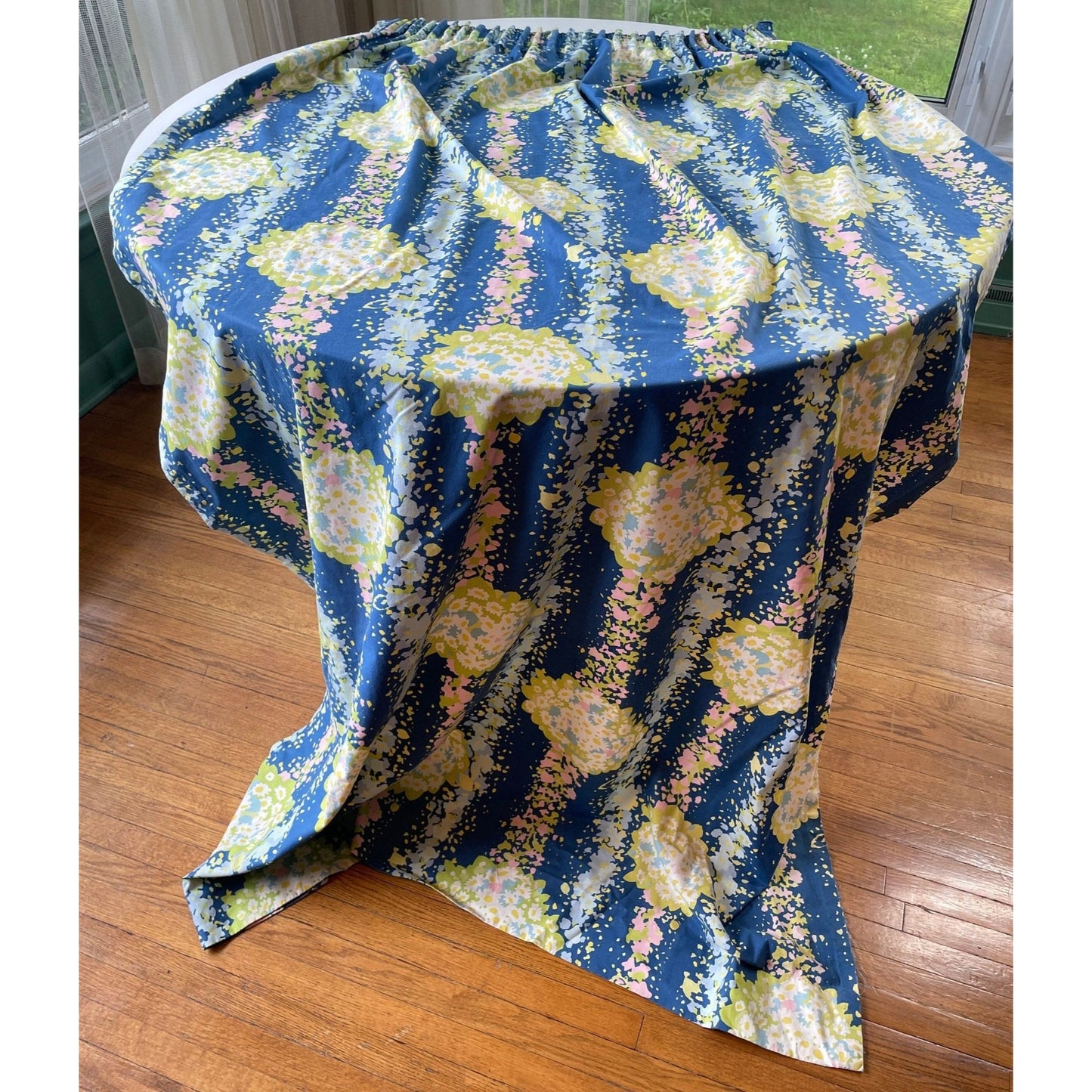 Vintage 80s pleated curtain, blue, green floral panel