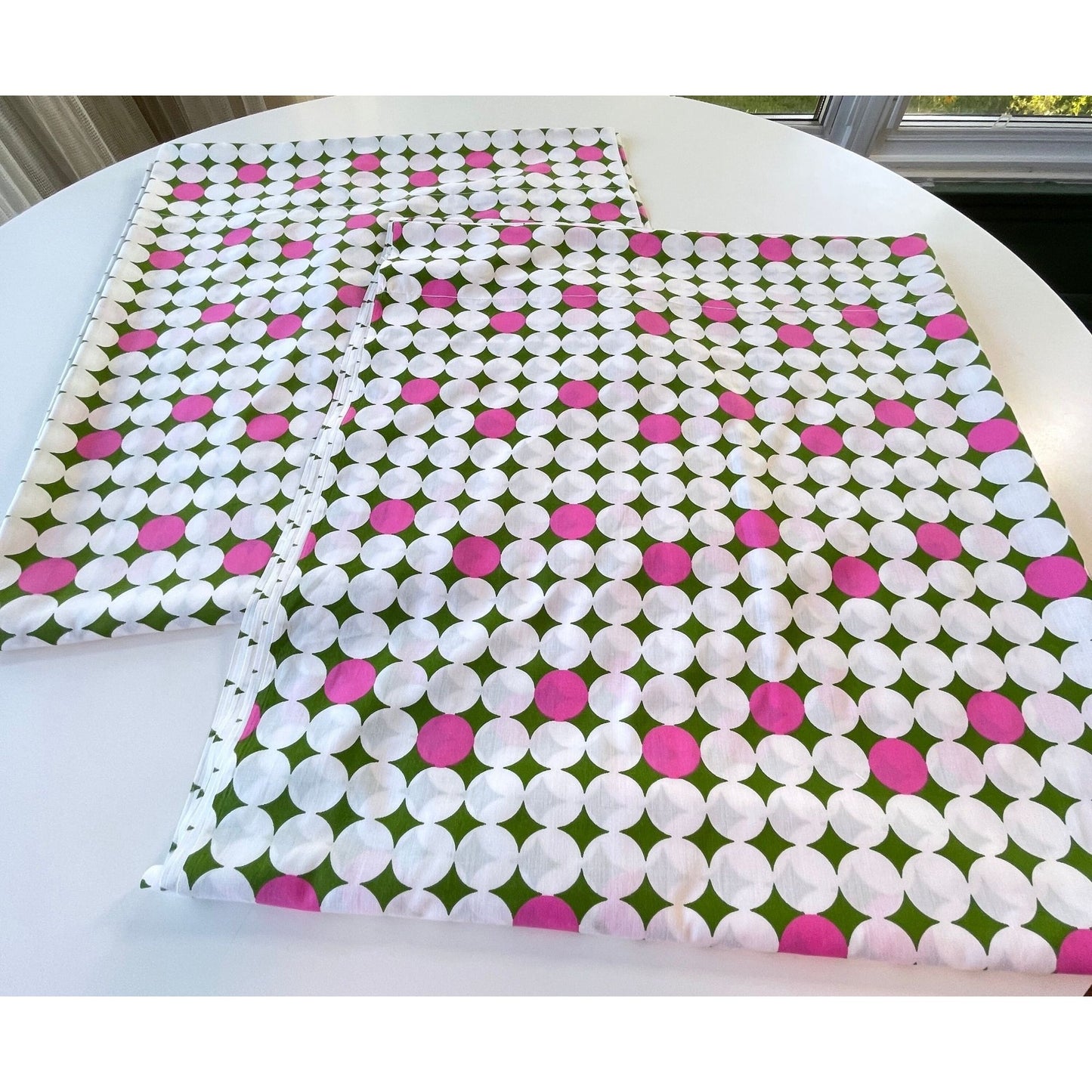 Vintage 70s curtain panels, hot pink and green geometric pattern