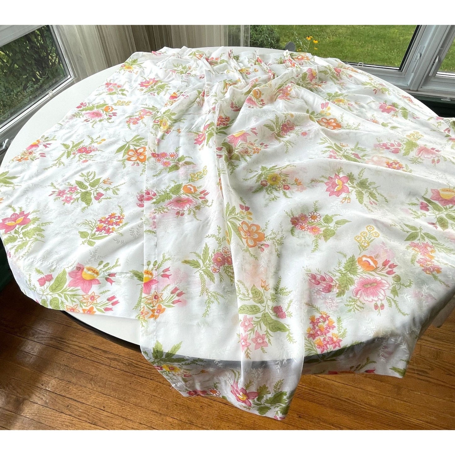 Vintage 70s pleated curtains, orange pink yellow flowers