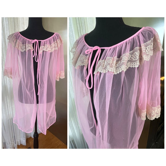 Vintage 1960s peignoir, pink chiffon, bridal honeymoon wear, made in USA