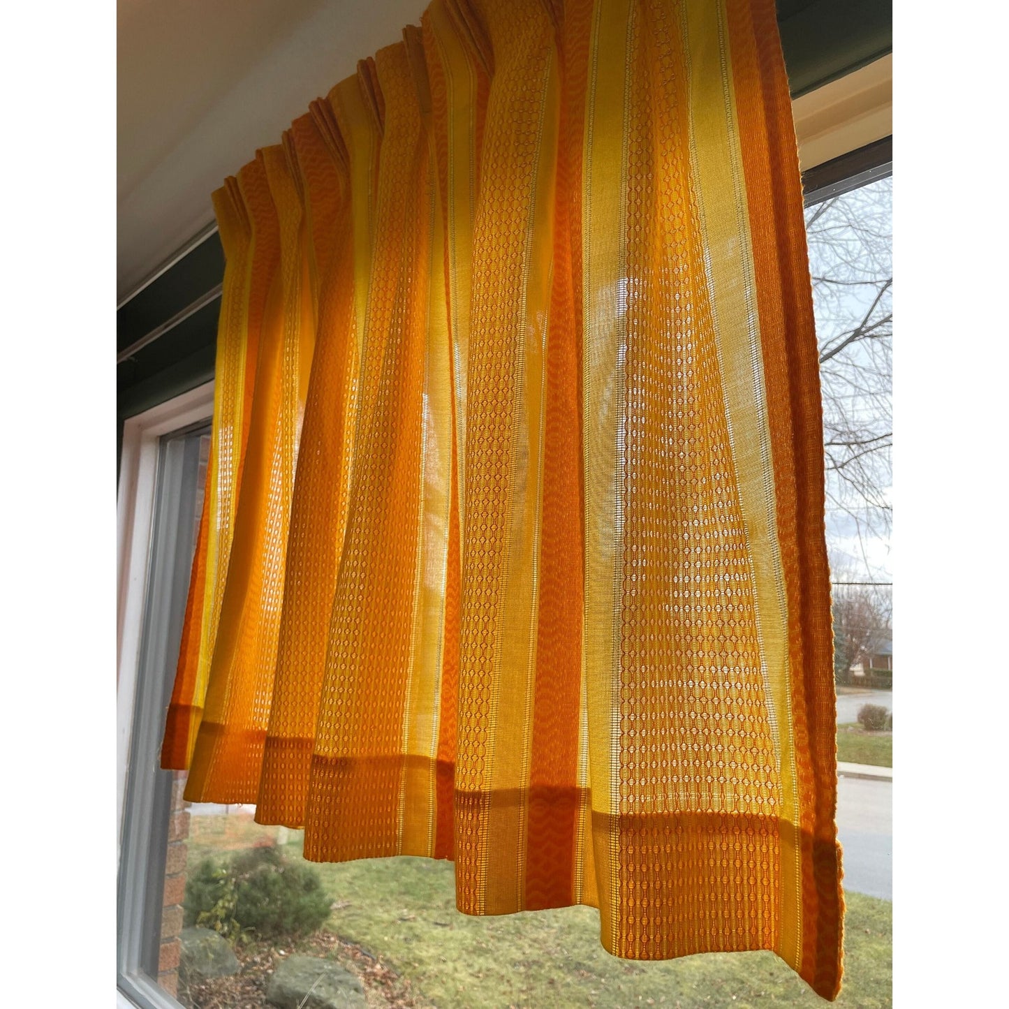 Vintage 70s pleated curtain, orange stripes panel