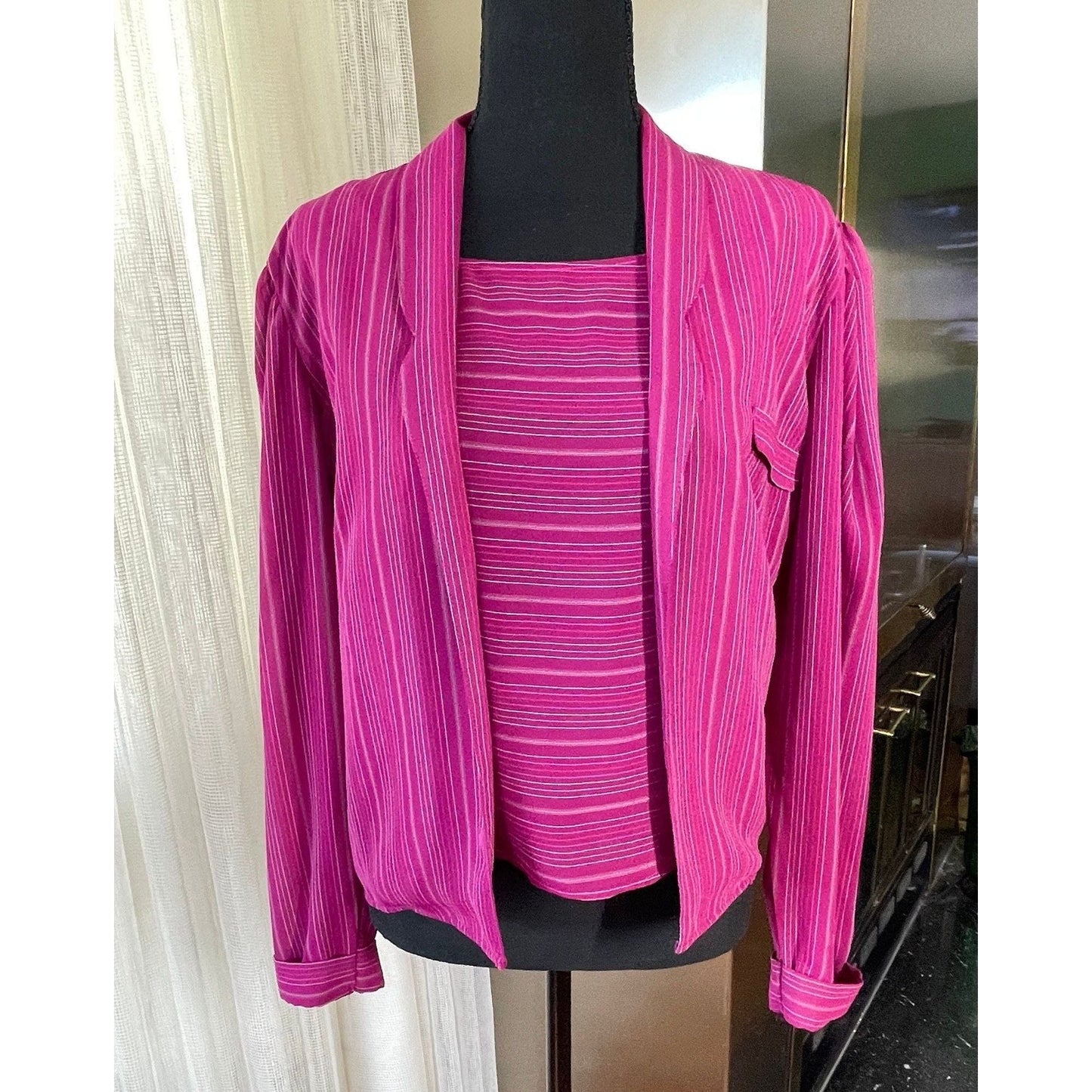 Vintage 80s twinset, pink striped long sleeves blouse with camisole