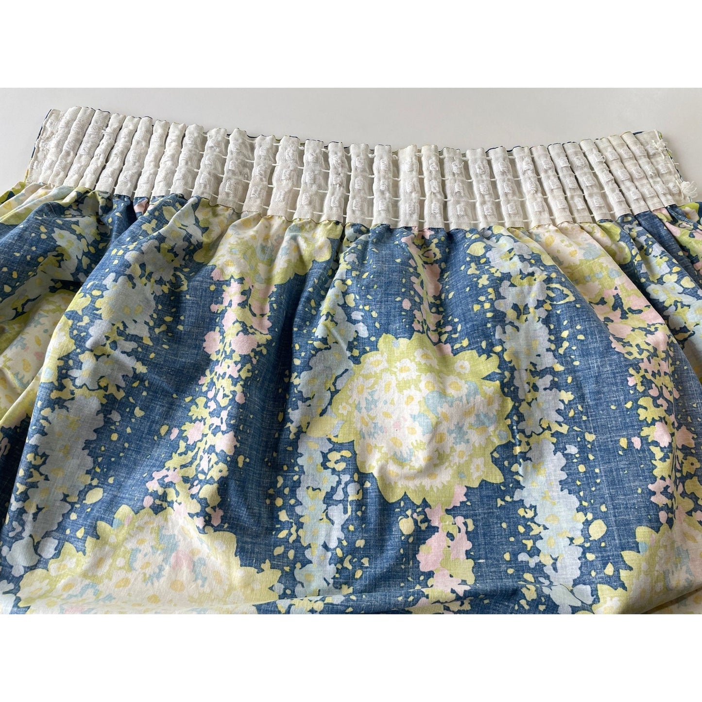 Vintage 80s pleated curtain, blue, green floral panel