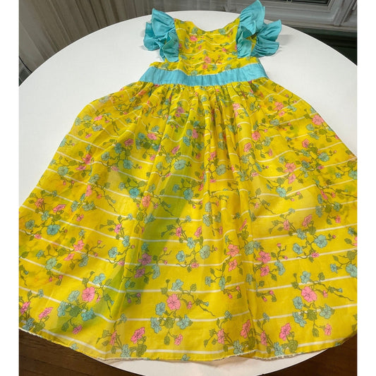 Vintage full apron, pink blue flowers, bright yellow