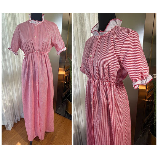Vintage 70s dress, red stripes, elastic waist, ruffled collar and cuffs