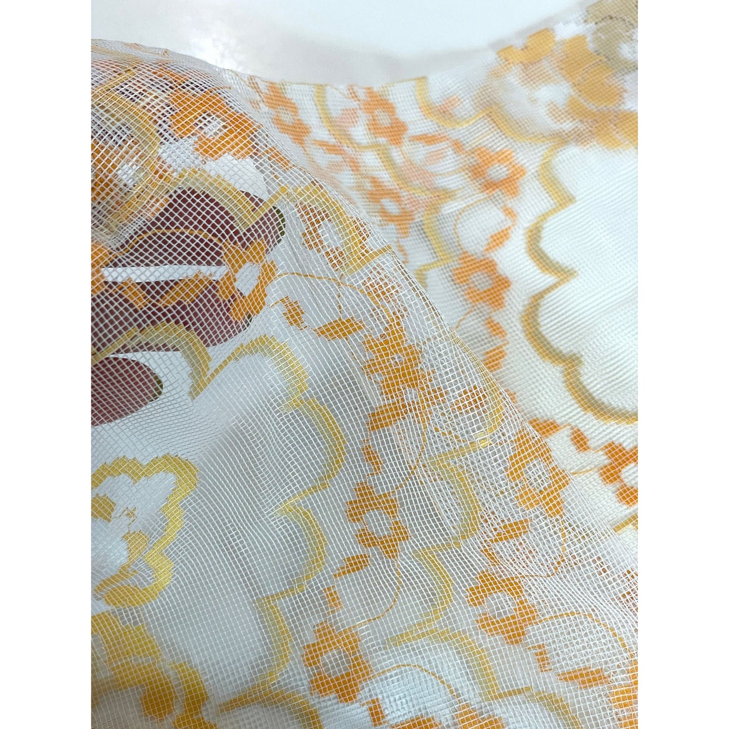 Vintage 70s mesh curtains, orange white groovy pattern, pair