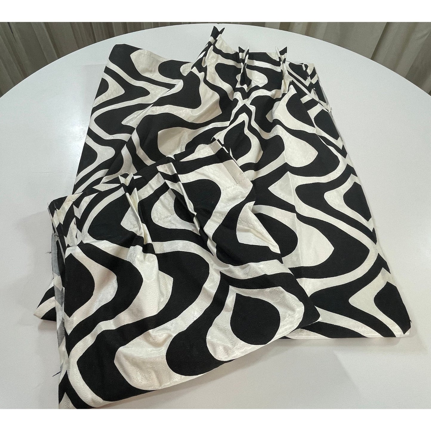 Vintage 50s pleated fiberglass curtains, Op Art black and white