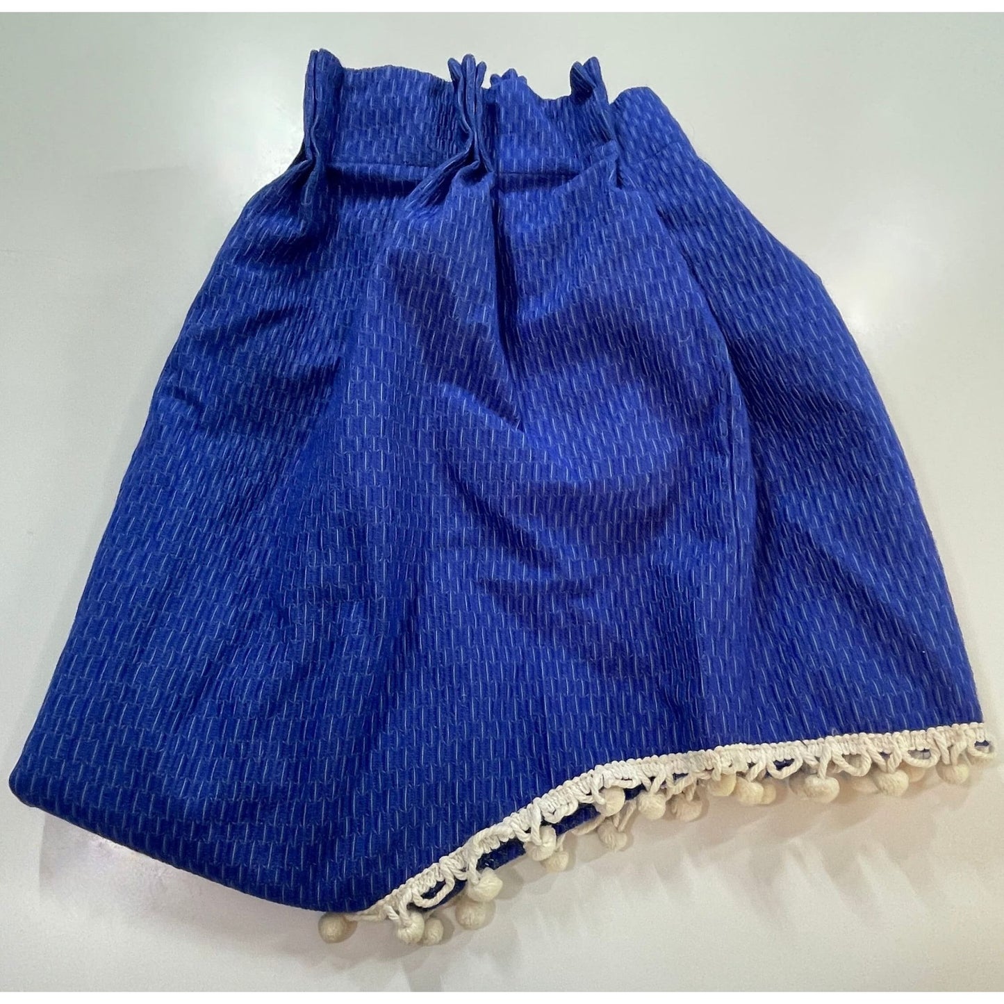 Vintage 70s pleated  curtain, indigo with white pompoms swag valance