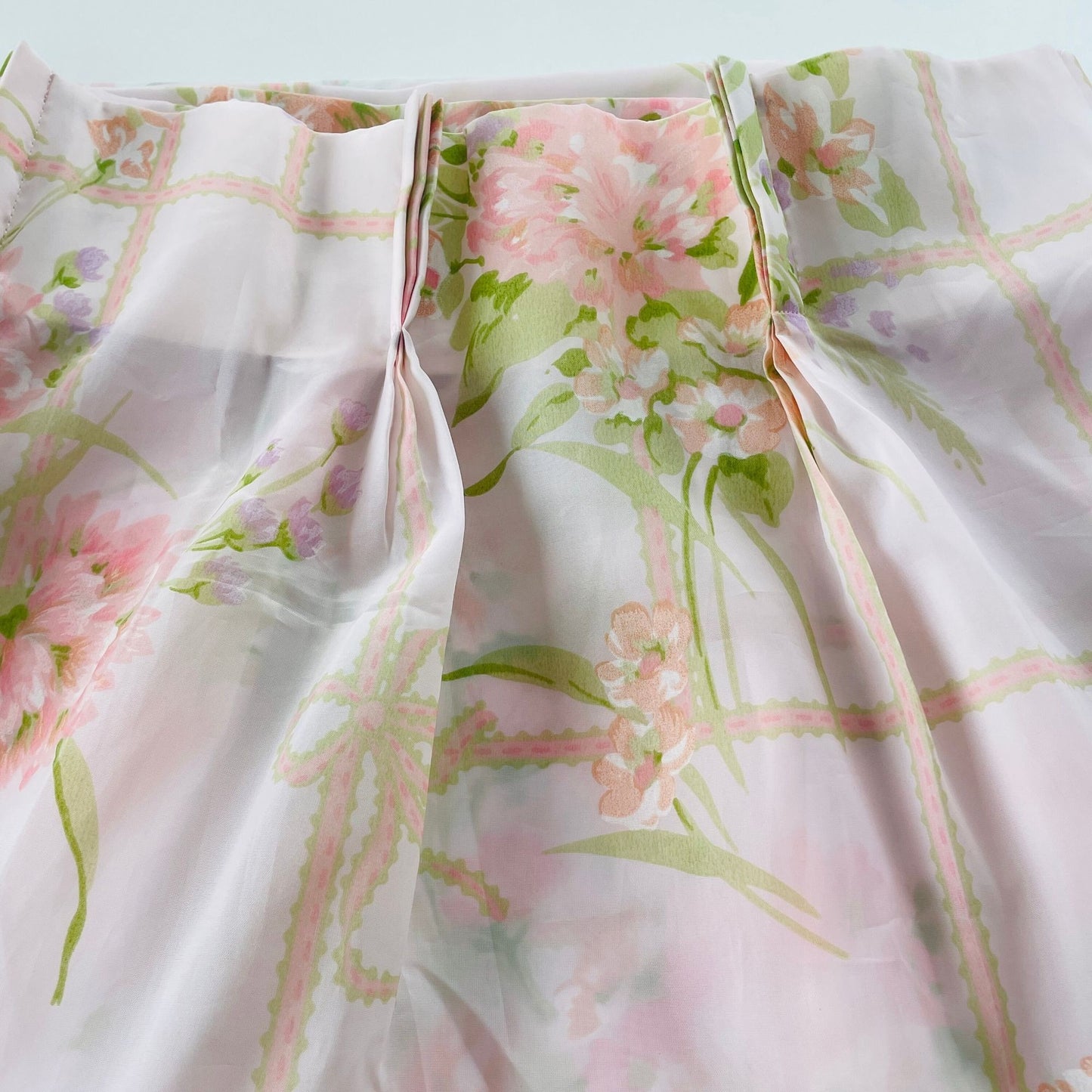 Vintage 80s pleated curtain, pink floral sheer panel