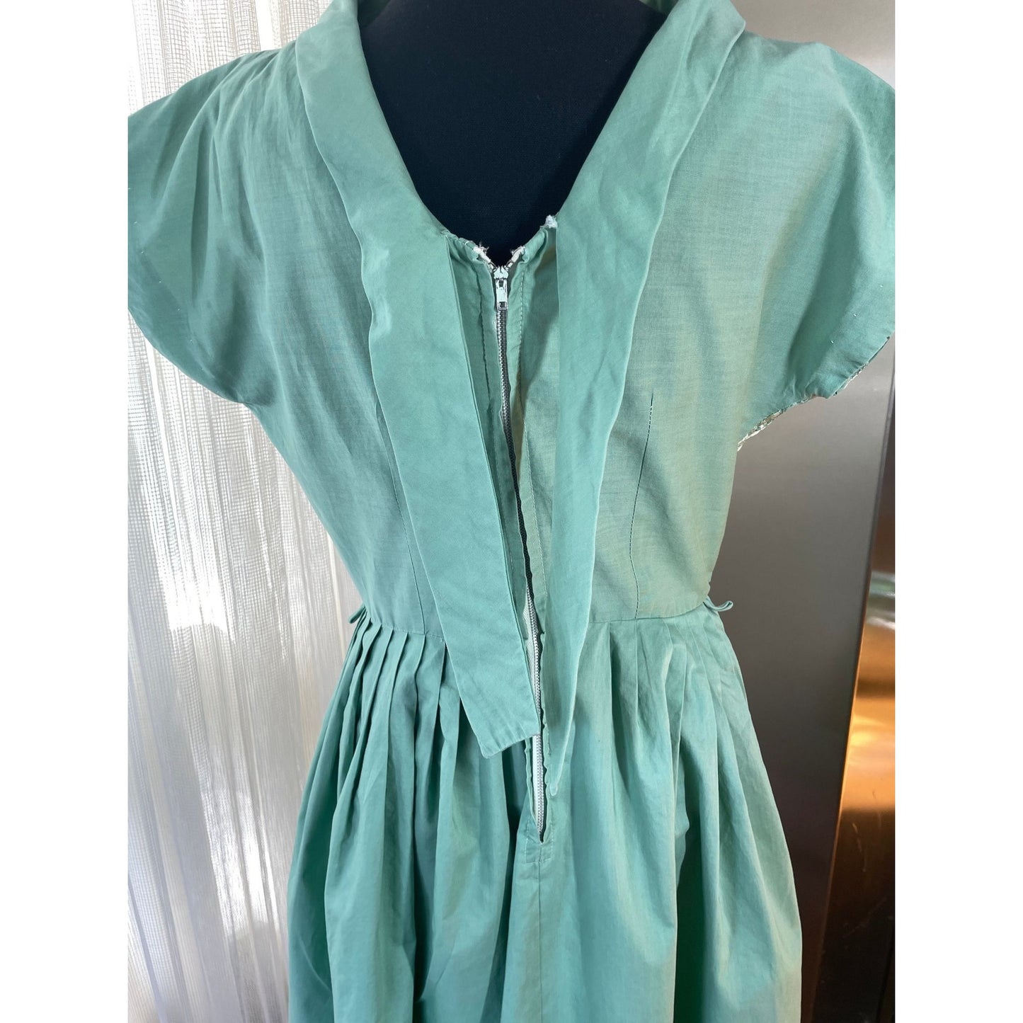 Vintage 50s swing dress, mint green, boat collar, detailed embroidery