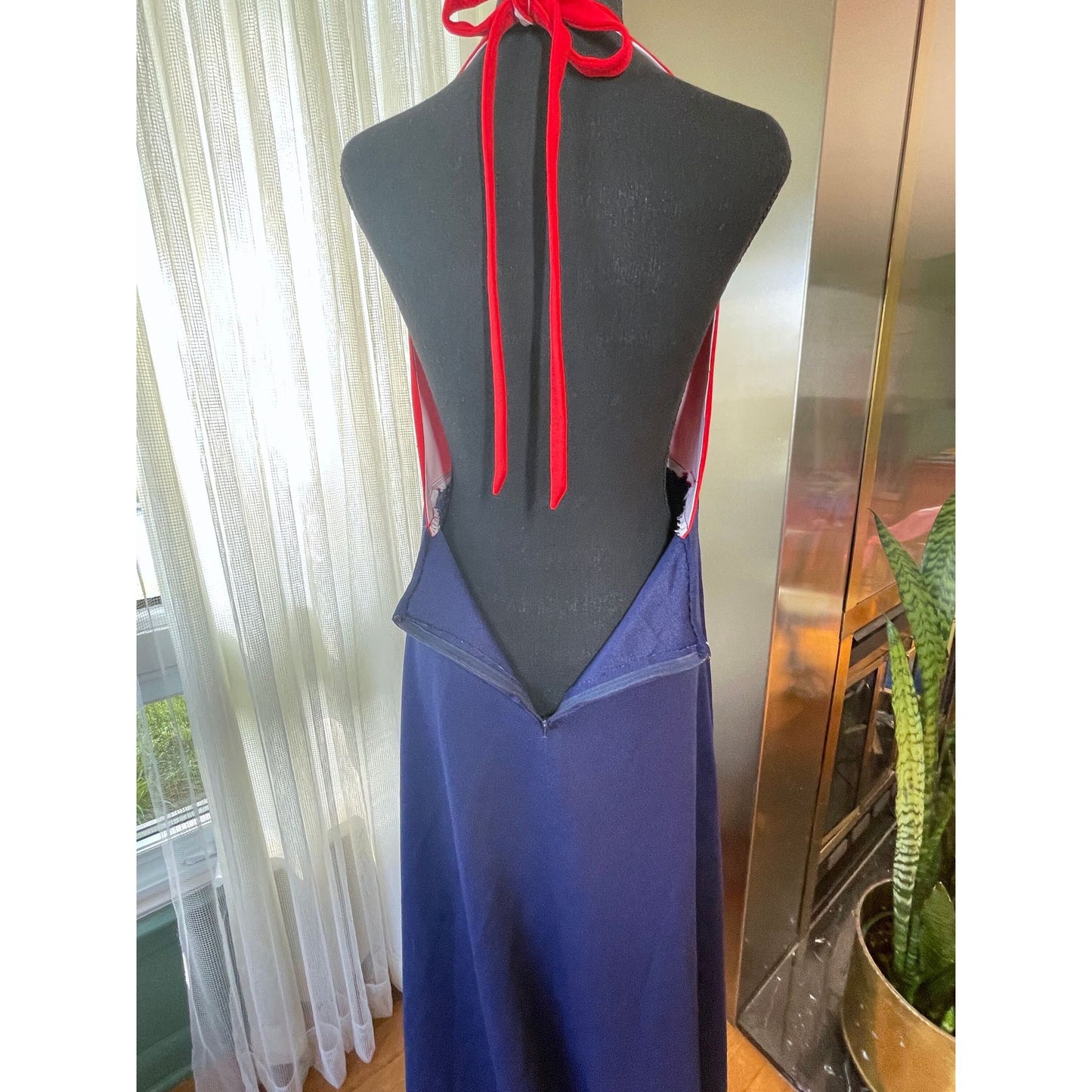 Vintage 70s halter dress, red and navy blue